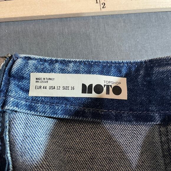 Topshop Moto Mini Skirt Womens Size 16 Blue Denim Embroidered Floral Art Boho‎ - Picture 4 of 8